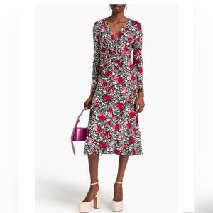 Diane Von Furstenberg Marsha Printed Lyocell Wool Midi Dress Black White Pink M